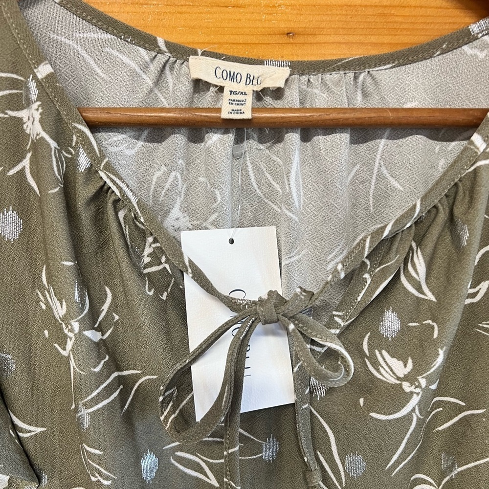 Como Blu XL Shiny Silver Green Womens Short Flutter Sleeve Blouse Tie Front - Picture 2 of 4